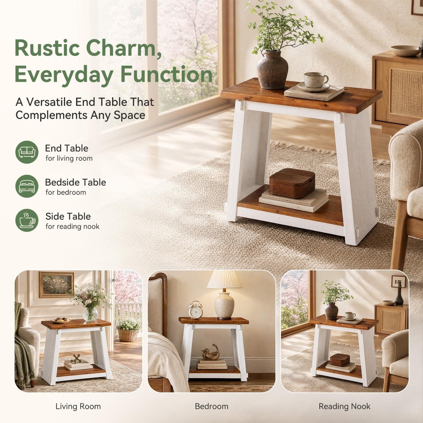 Set of 2 Solid Wood End Tables - 2 Tier Rectangle Side Tables with Shelf, Rustic6