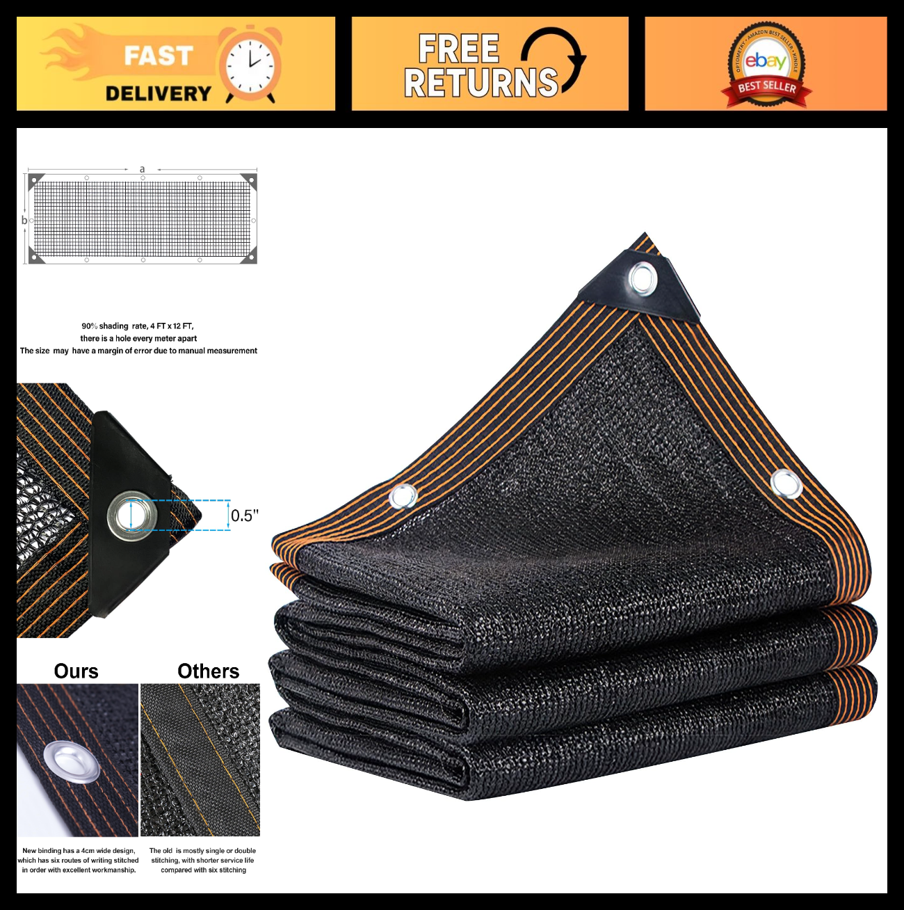 90% Shade Cloth 4x12 FT - Breathable Mesh Tarp for Garden, Plants, Outdoor Sun S0
