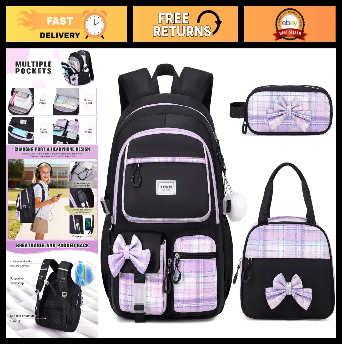 Cute Bow Backpack for Girls   School Bag with Lunch Bag & Pen Case, Stylish & Fu0