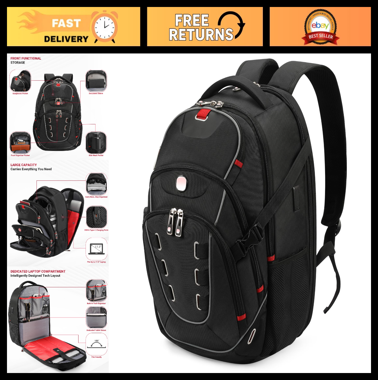 17.3" Laptop Backpack for Men   USB & Type C Charging, TSA Friendly, Travel Busi0