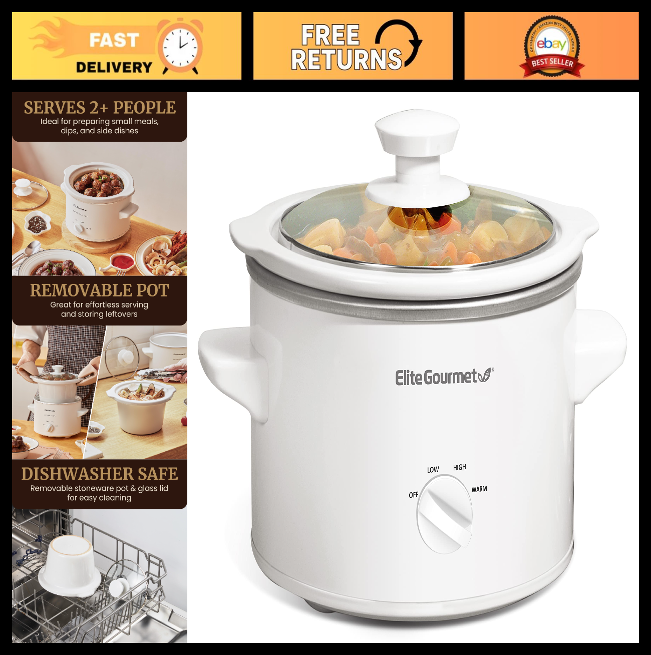 Electric Ceramic Slow Cooker - Adjustable Temp, Dishwasher-Safe Lid, Perfect for0