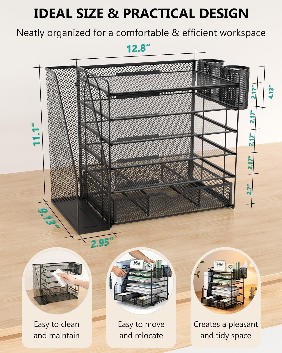 6 Tier Desktop File Organizer with Drawer & Pen Holders   Office Desk Accessorie2