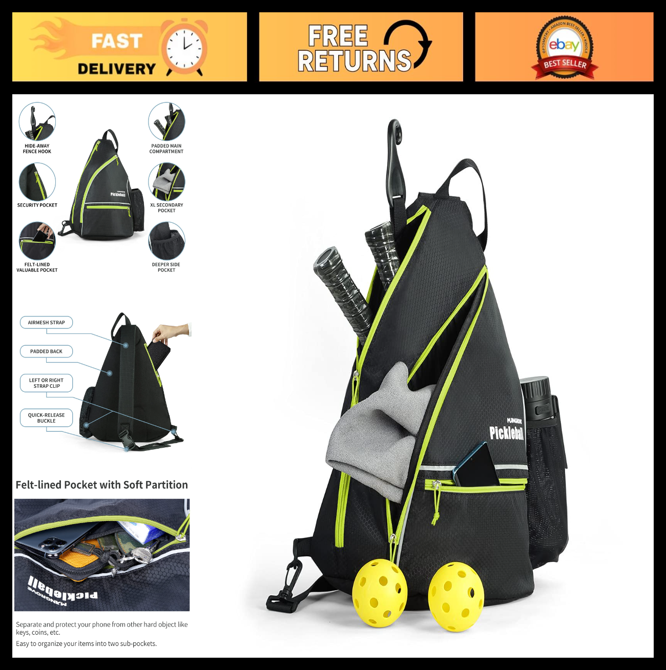 Large Capacity Pickleball Backpack with Fence Hook, Water-Resistant, Padded Back0