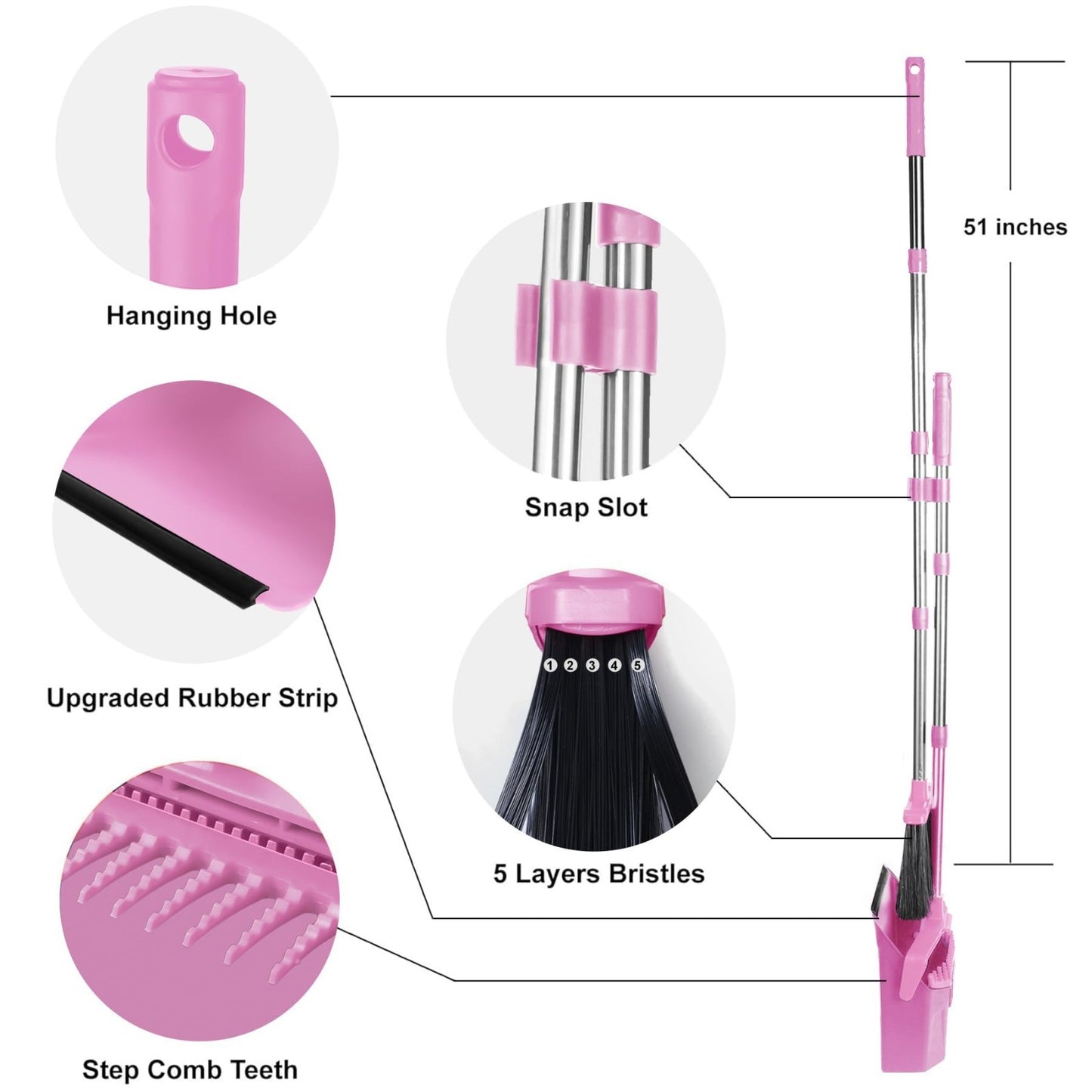 51'' Broom & Dustpan Set - Standing Broom for Pet Hair & Floor Cleaning - Pink8