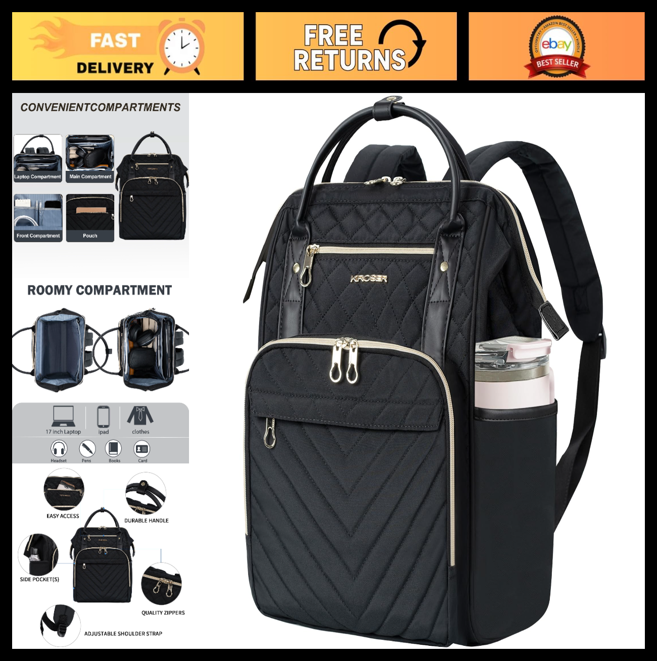 Stylish 17" Water-Repellent Laptop Backpack for College, Travel & Work - Unisex0
