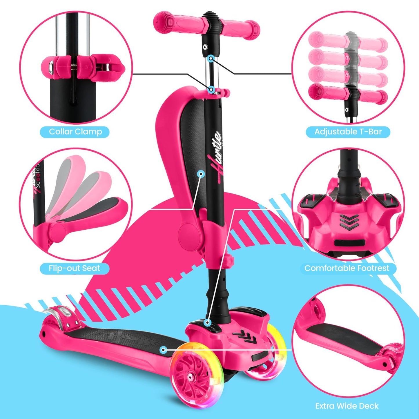 3-Wheeled Kids Scooter with LED Lights, Adjustable Handlebar, Foldable Seat - Si3