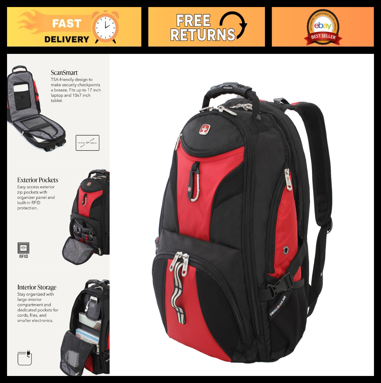 17 Inch TSA Laptop Backpack, Travel Friendly, Water Resistant, Black/Red0