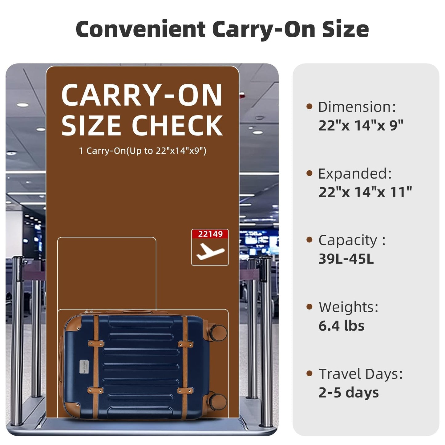 Expandable Carry-On Luggage 22x14x9, Lightweight Hardshell, 360° Spinner Wheels,3