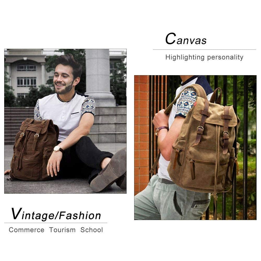Vintage Canvas Backpack with Leather Trim, Padded Laptop Sleeve 12" 17", Travel3