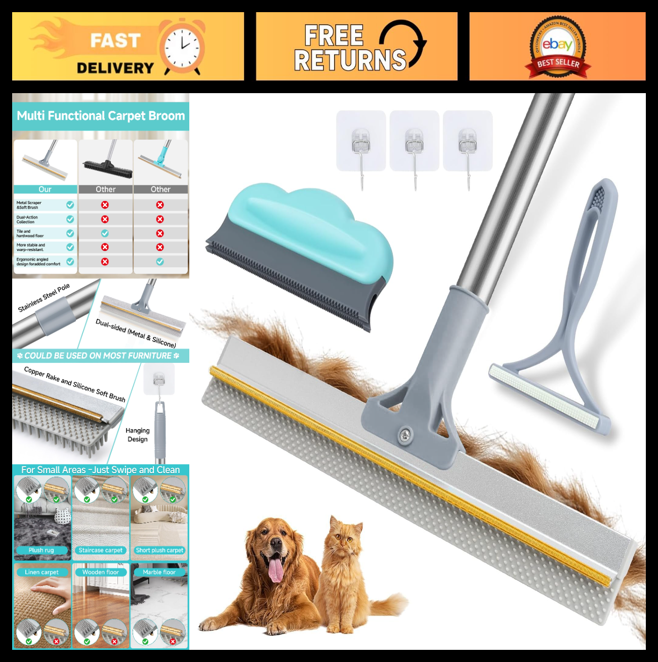 Pet Hair Removal Carpet Rake Tool - Adjustable 54” Handle, 3 Pcs Brush for Rugs0