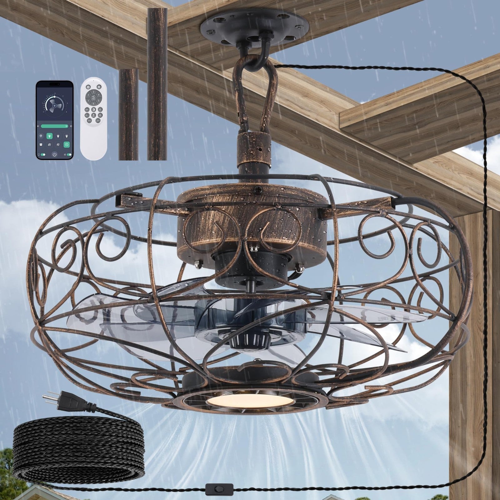 15" Outdoor Ceiling Fan with Light, Remote/APP Control, 6 Speeds, Caged Design f1