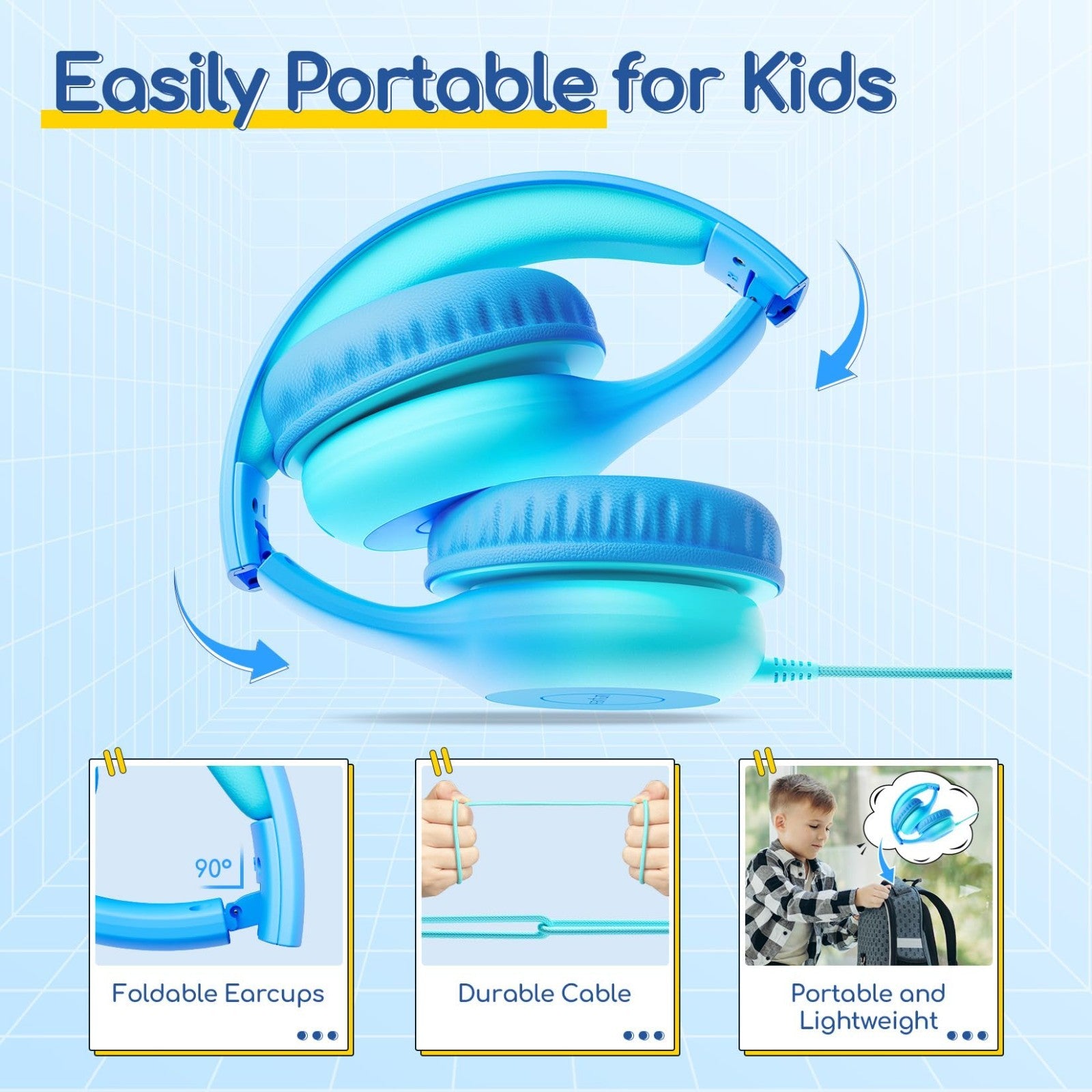Wired Kids Headphones with Mic, USB Type C, 85dB Volume Limit, Foldable Stereo S7