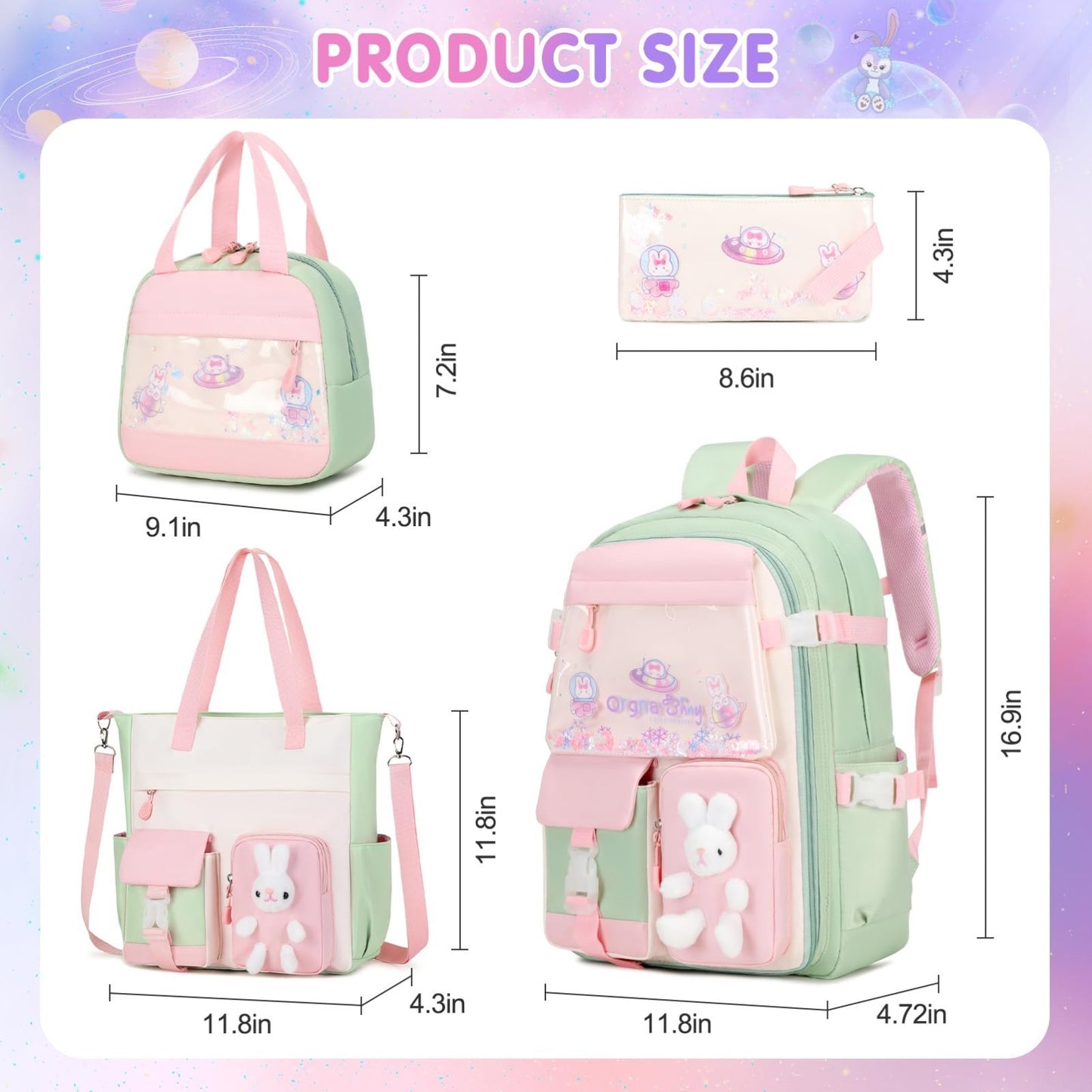 Kawaii Bunny Girls Backpack Set 4PCS   Tote, Lunch Box, Pencil Case   School Bag2