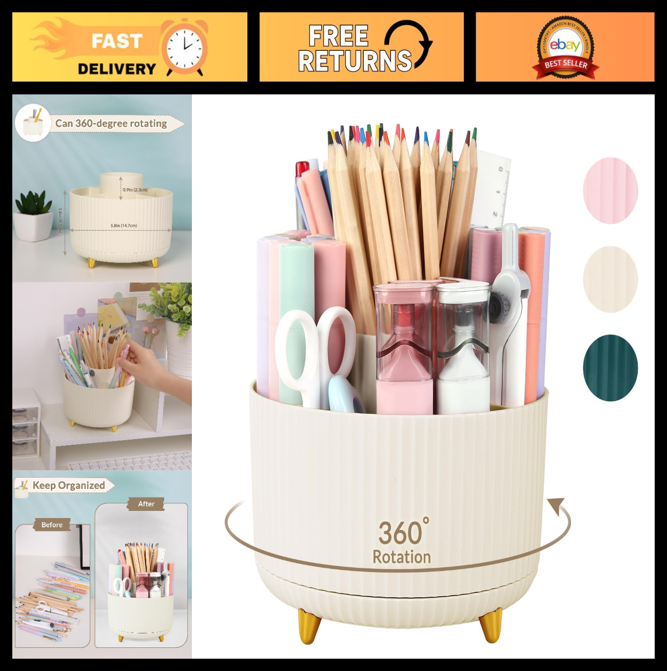 360° Rotating Desk Pen Organizer   5 Slot Art Supply & Pencil Cup for Office, Sc0