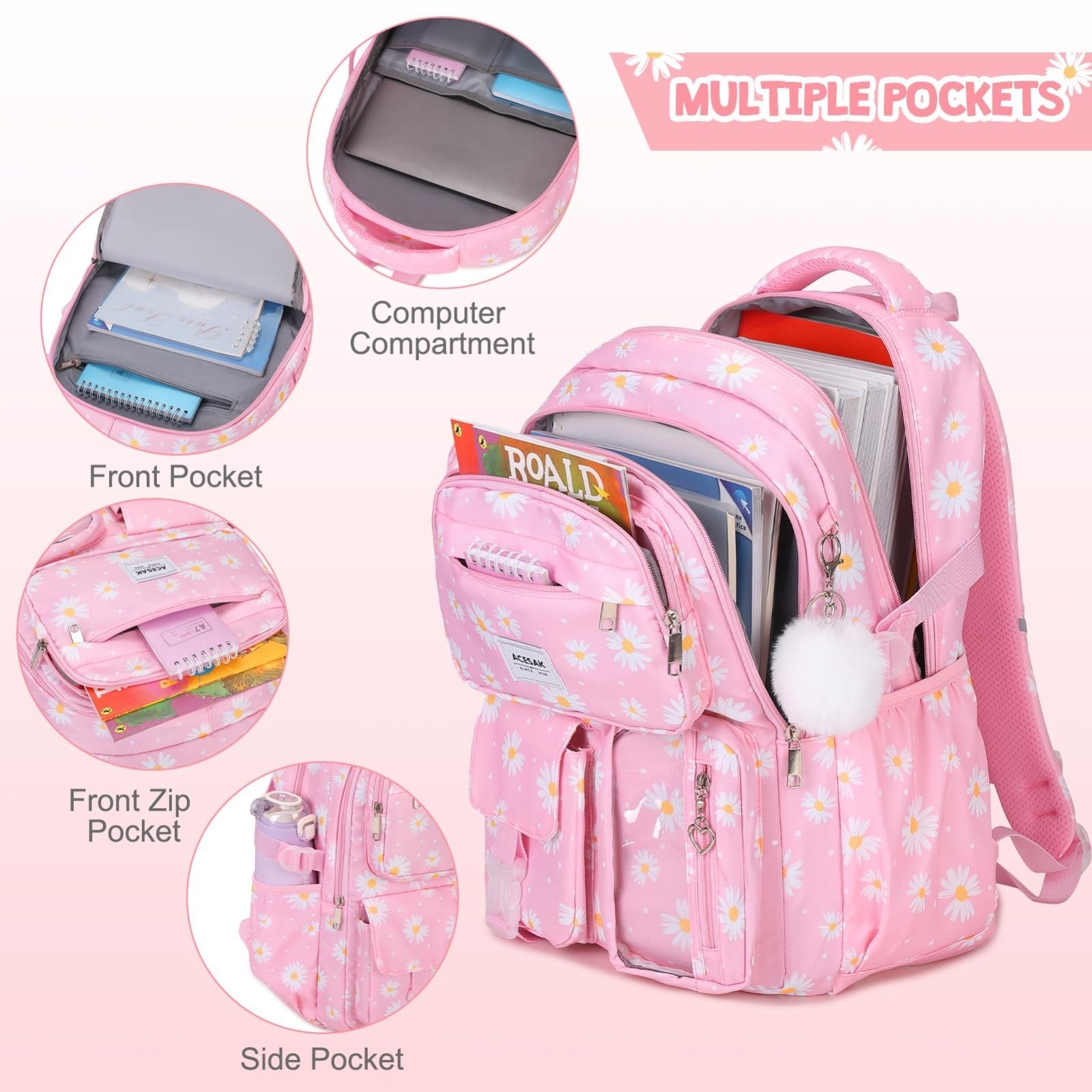 Stylish Girls Backpack with Lunch Bag & Pencil Pouch   Teen Laptop Bookbag, Pink3