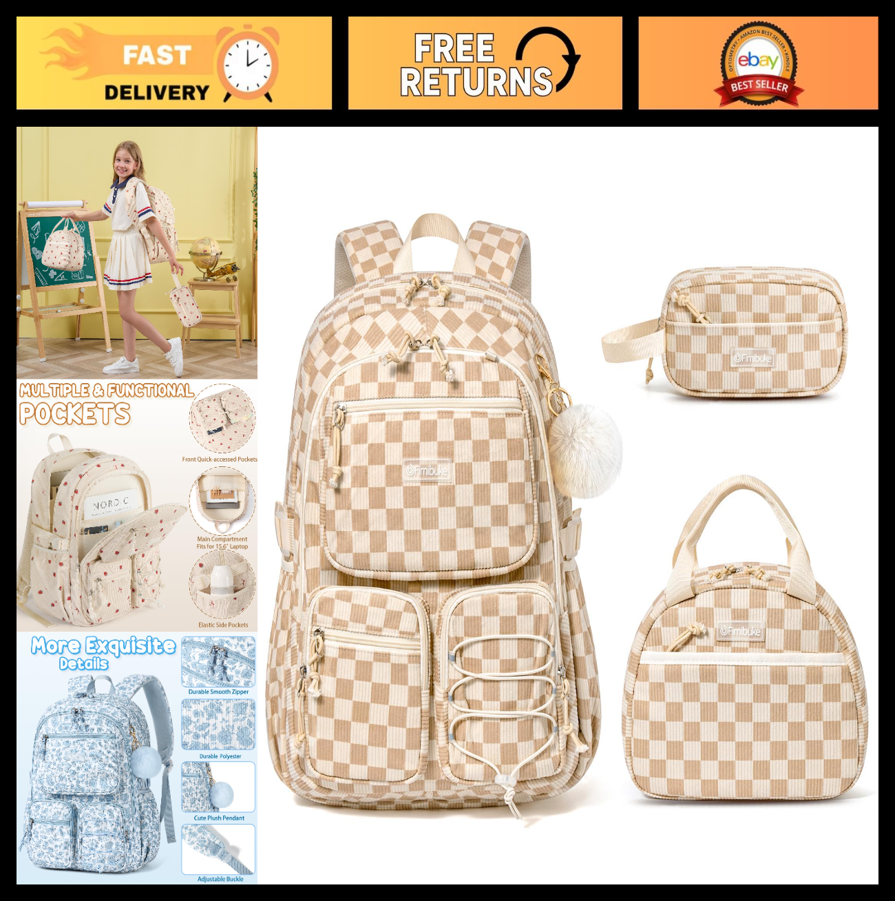 Stylish Corduroy Backpack Set for Girls   3PCS Kids School Bag with Lunch Box0
