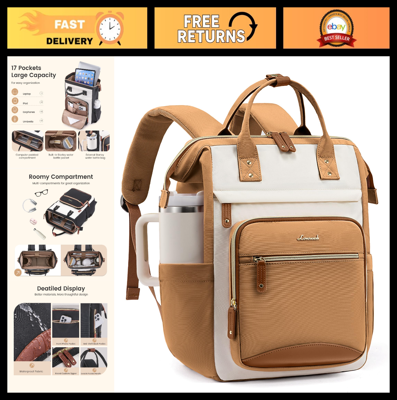 Stylish Women's Laptop Backpack, 15.6" Waterproof Work Bag, Large Capacity, Cup0