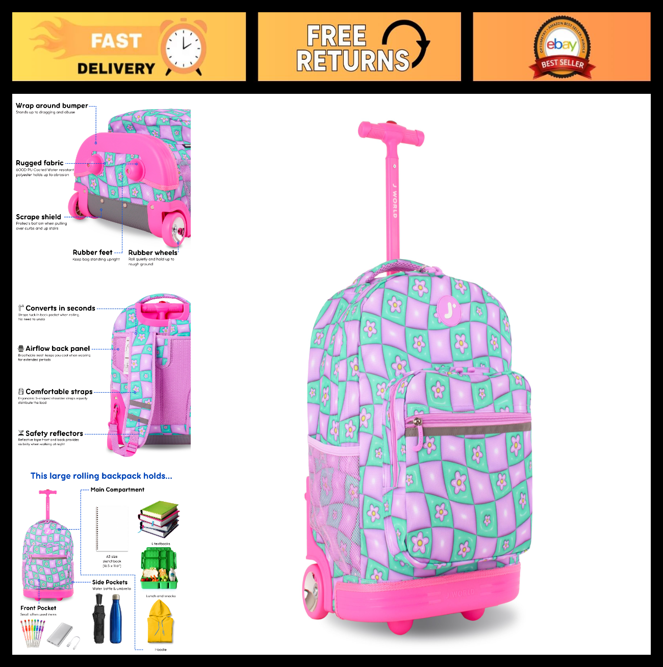 Kids Rolling Backpack with Wheels, 18" Bookbag for School, Puffy Flower Design0