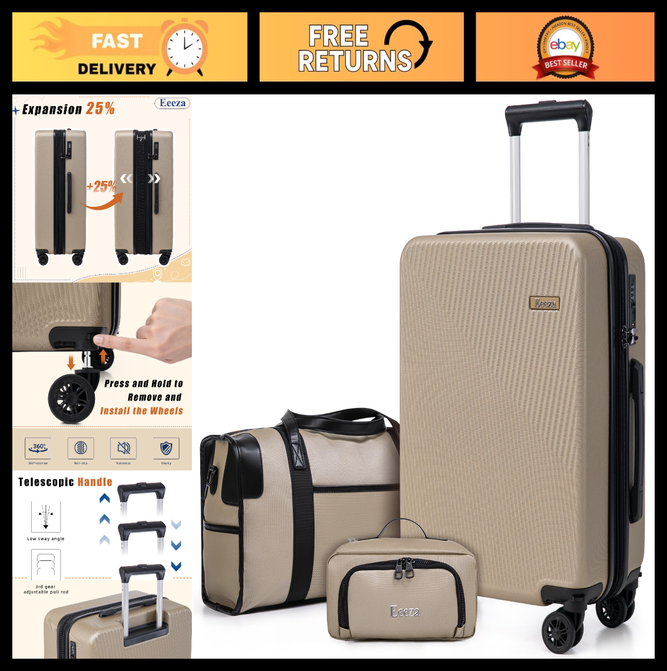 3-Piece Hardcase Carry-On Luggage Set 20" - TSA Approved, Scratch Resistant, Spi0