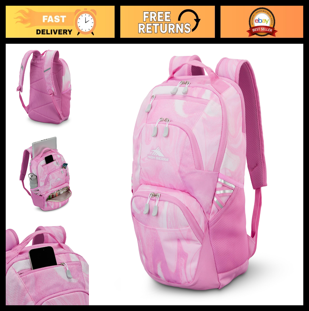 Travel Laptop Backpack with Drop Protection, Tablet Sleeve, Pink Marble Swirl0