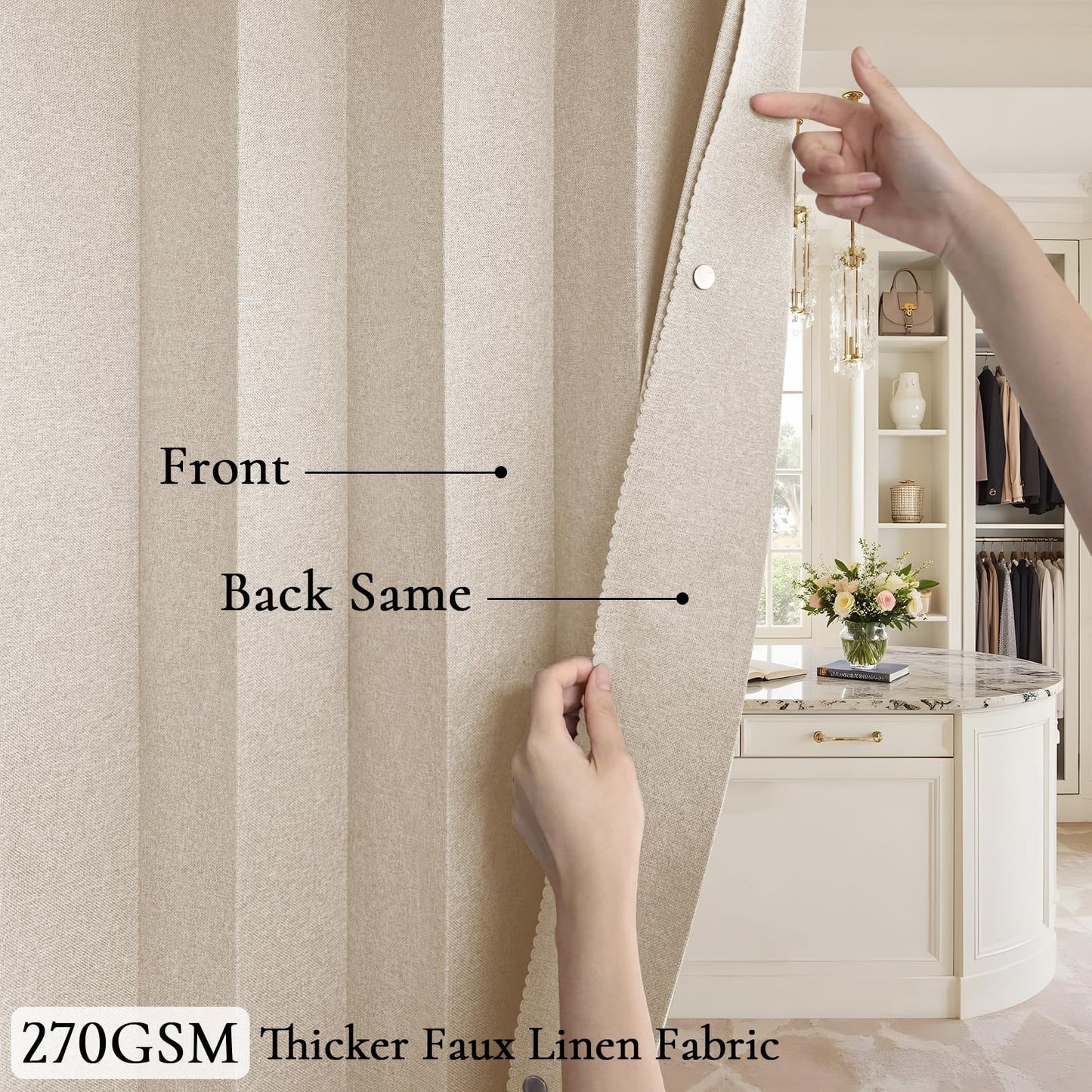 96 Inch Faux Linen Blackout Curtains, Thermal Insulated Drapes, Pinch Pleated, W4
