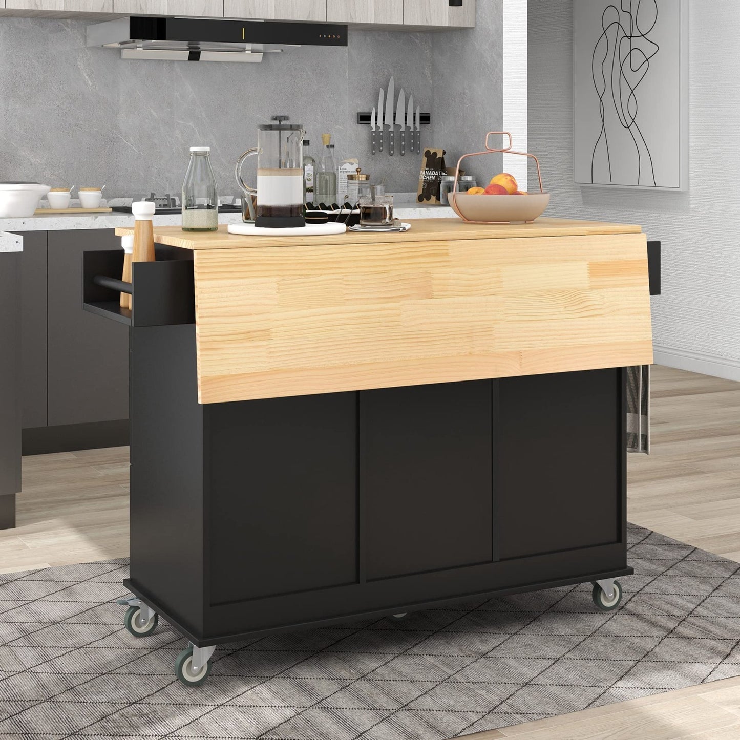Mobile Kitchen Island with Solid Wood Top, Locking Wheels, Storage & Drop Leaf B3
