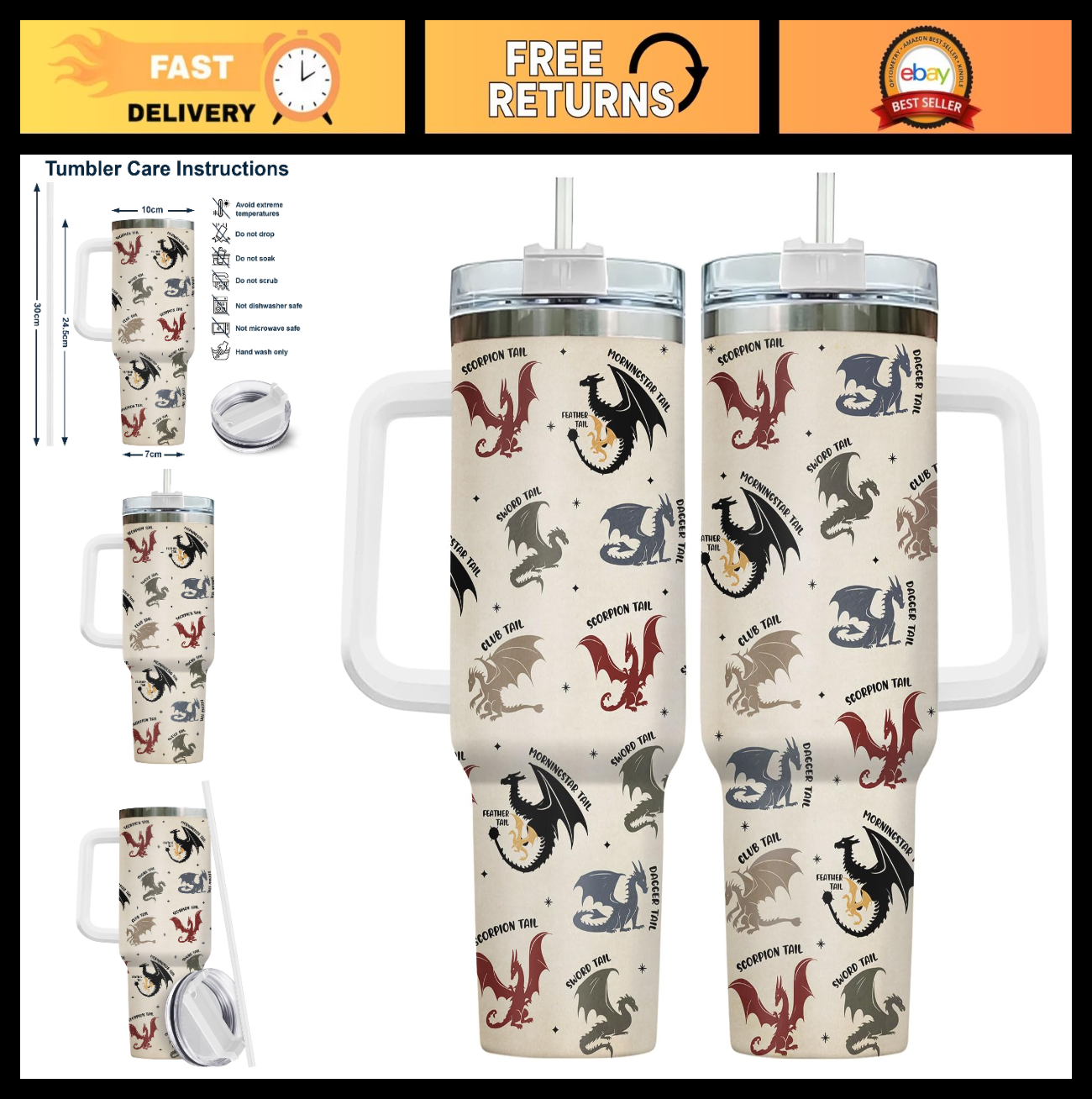 40oz Insulated Tumbler with Handle & Straw   Fantasy Dragon Coffee Mug, Gifts fo0