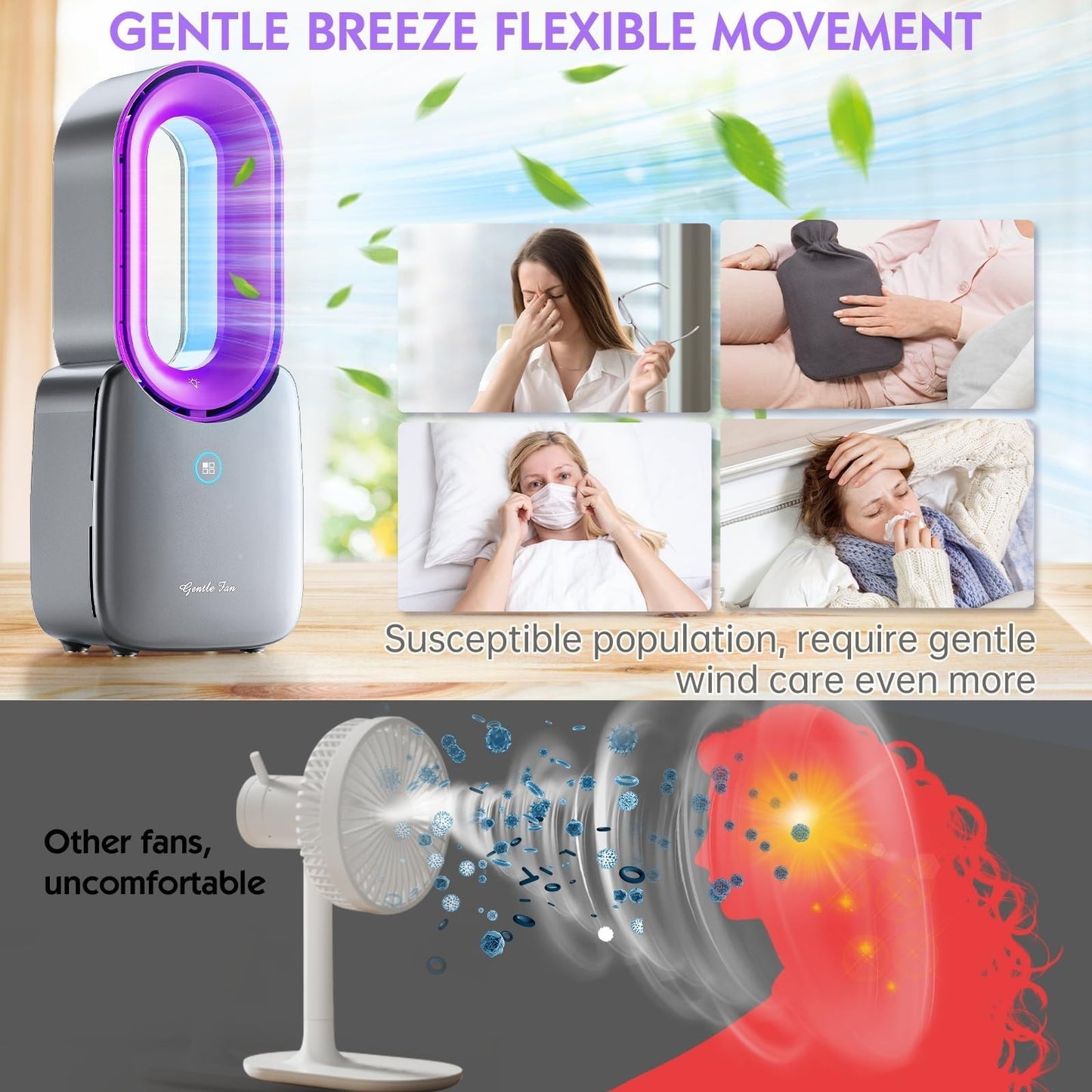 Bladeless Rechargeable Desk Fan with 5 Color LED Light   Quiet 11.8 Inch Table F2