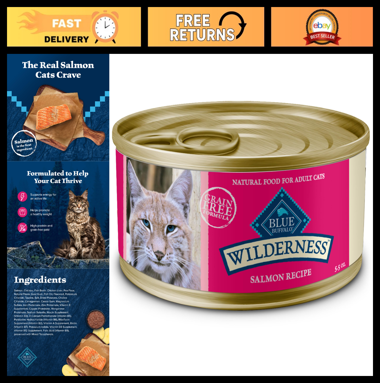 High Protein Salmon Paté Wet Cat Food, Grain Free, 5.5 oz, 24 Cans, Adult Cats0