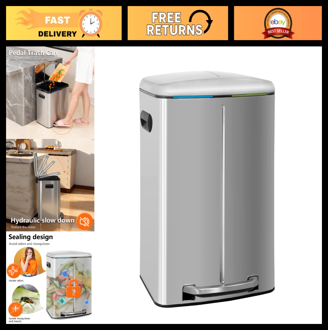 Dual Compartment Trash Can with Lid, Removable Inner Bucket, Foot Pedal, Soft Cl0