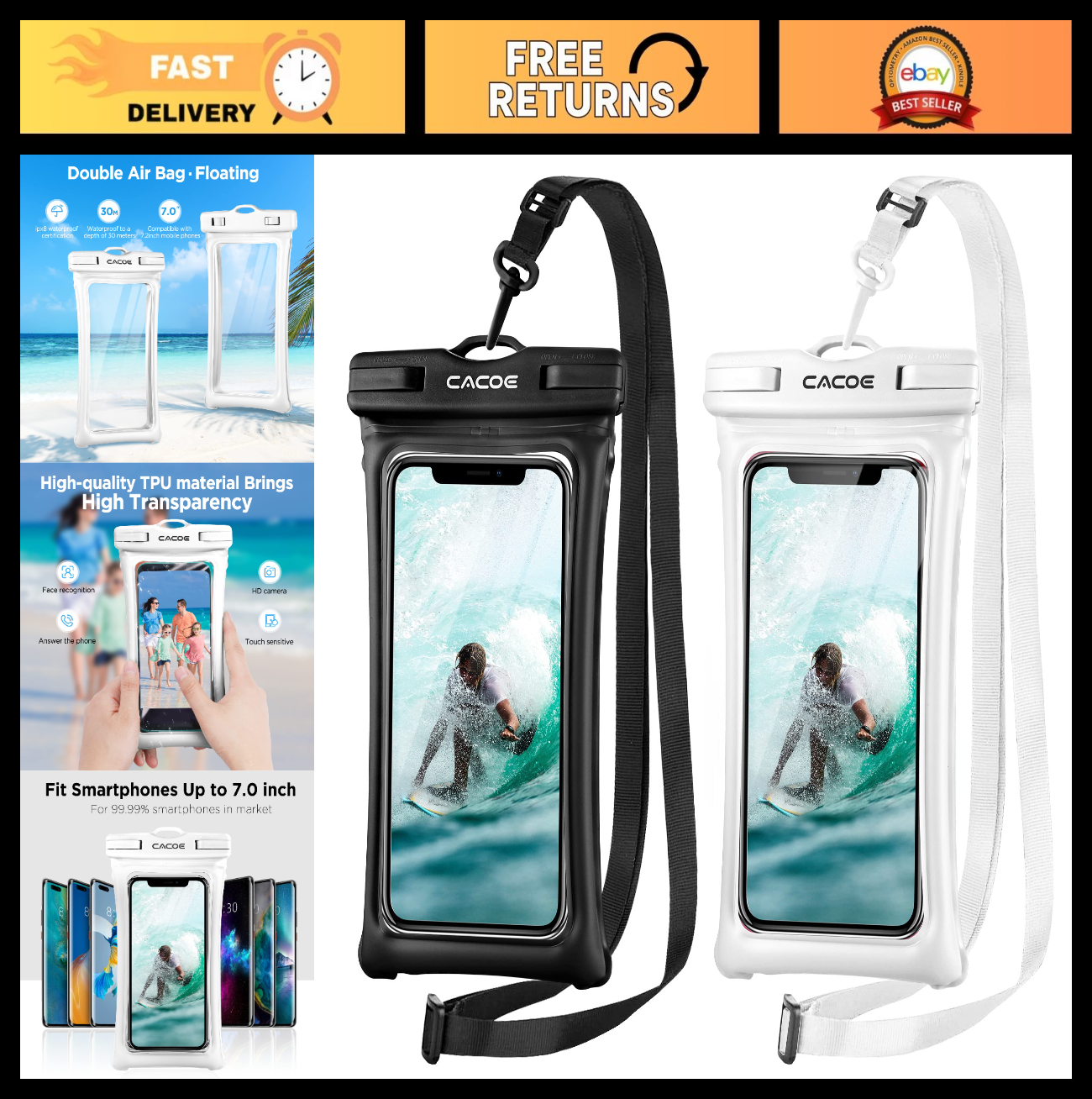 Waterproof Phone Pouch 2 Pack   Floatable IPX8 Case for 7" Phones, Lanyard, Dry0