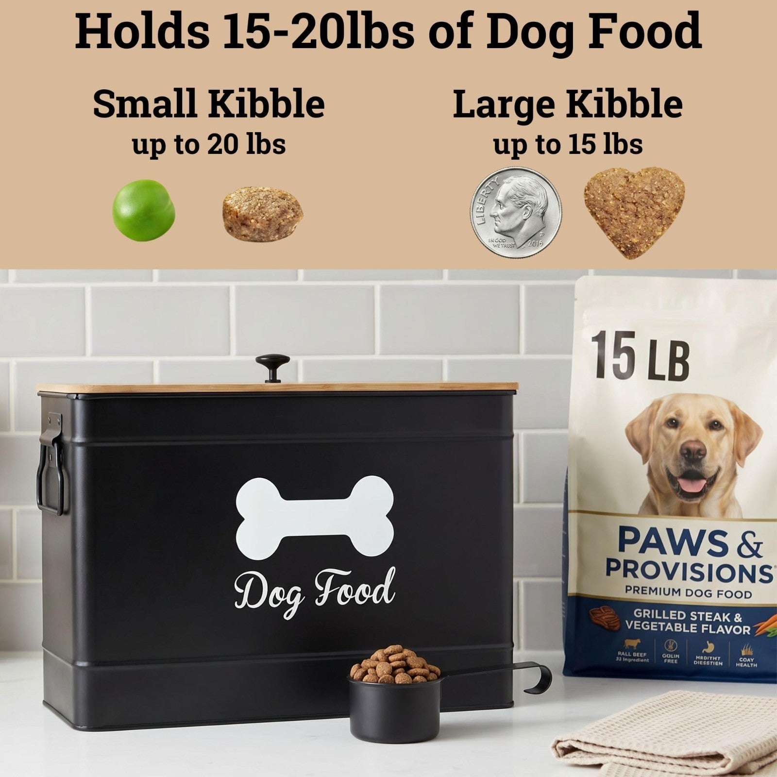 Airtight Metal Dog Food Storage Container, 15 20 lbs, 70 Cup Capacity, Bamboo Li3