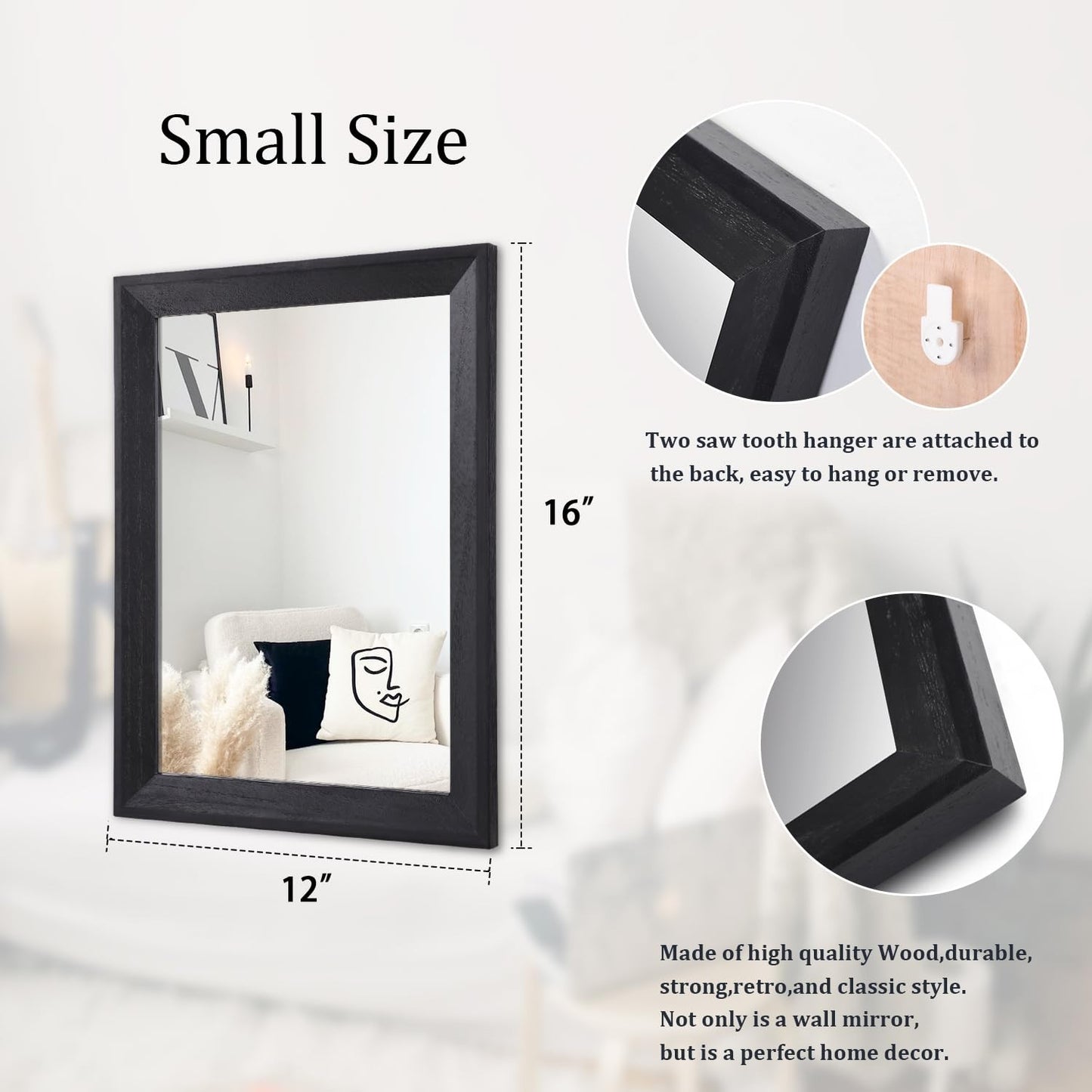 Black Wood Framed Rectangle Wall Mirror - Decorative Hanging Mirror for Bedroom,2