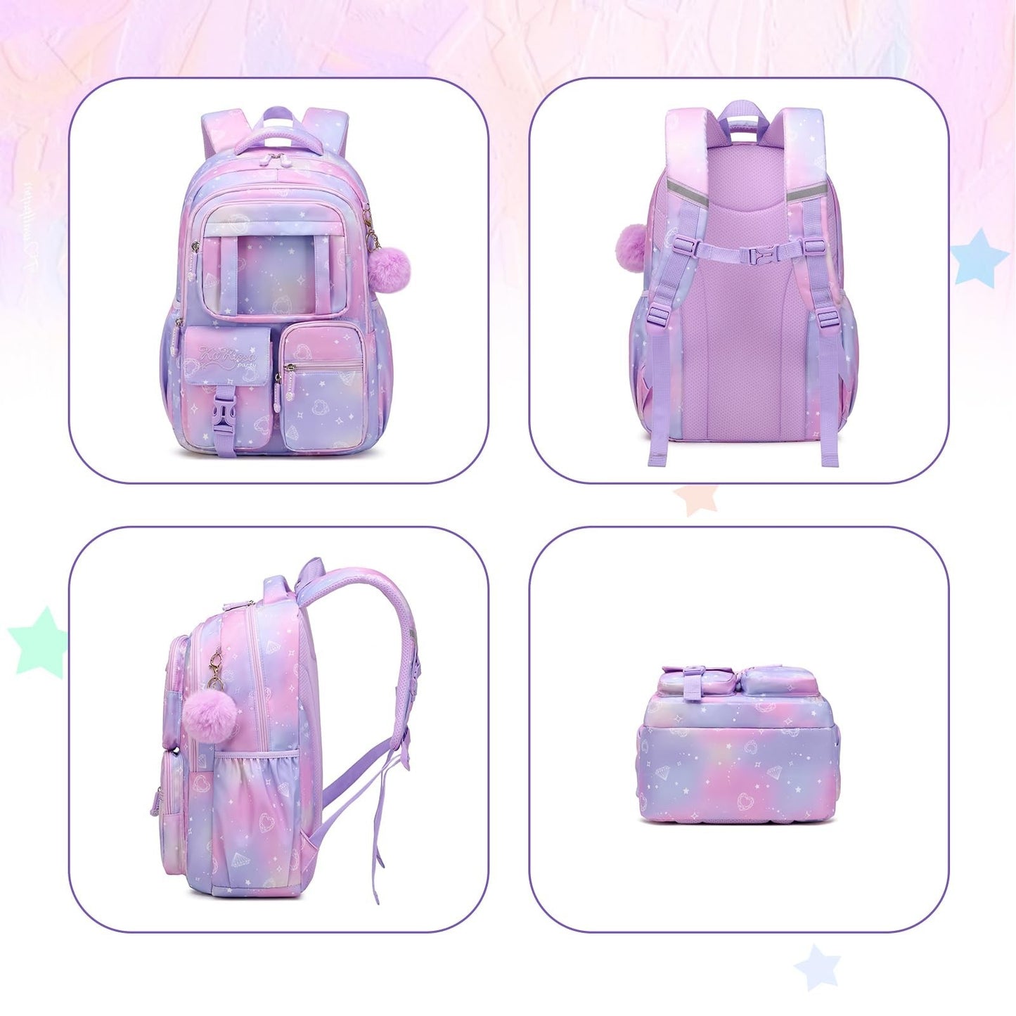 Kawaii Purple Kids Backpack - School Bag for Girls, Middle & Elementary Students9