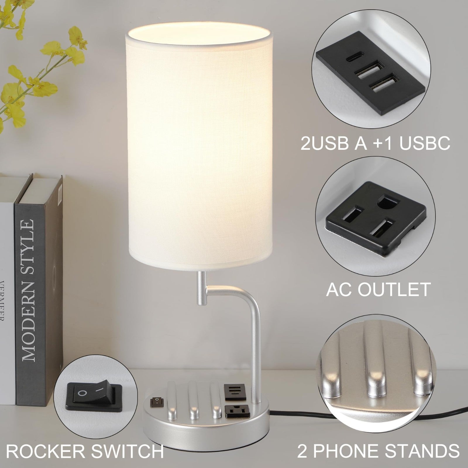 Modern Table Lamp with 3 USB Ports & AC Outlet, Desk Lamp for Bedroom & Office  2