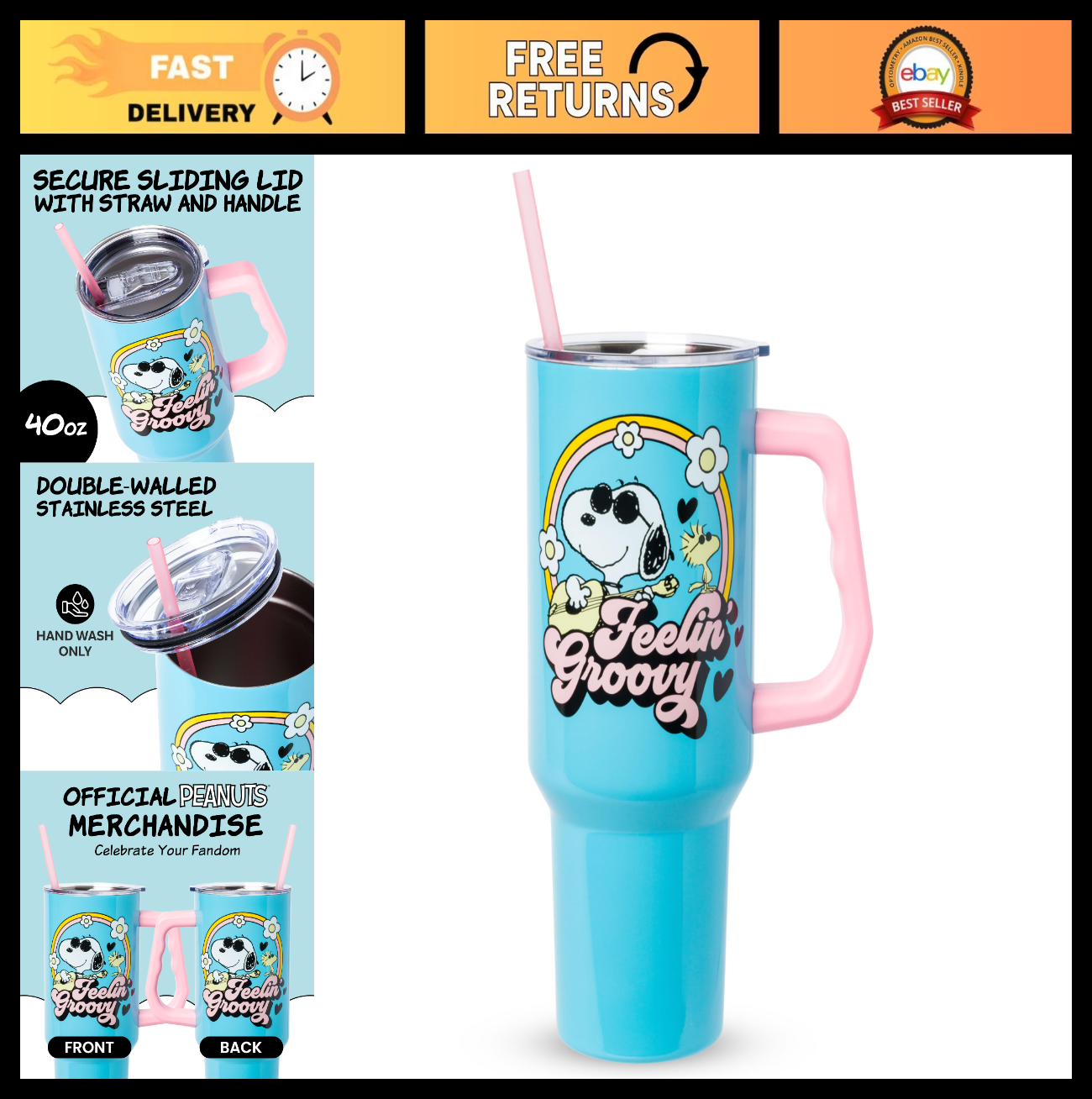 40oz Double Walled Stainless Steel Tumbler with Handle & Straw   Snoopy & Woodst0
