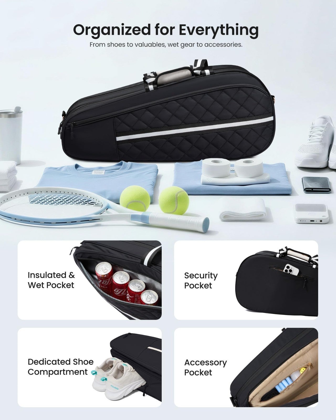Water-Resistant Tennis Racket Bag for 3-6 Rackets, Shoe Compartment & Insulated3