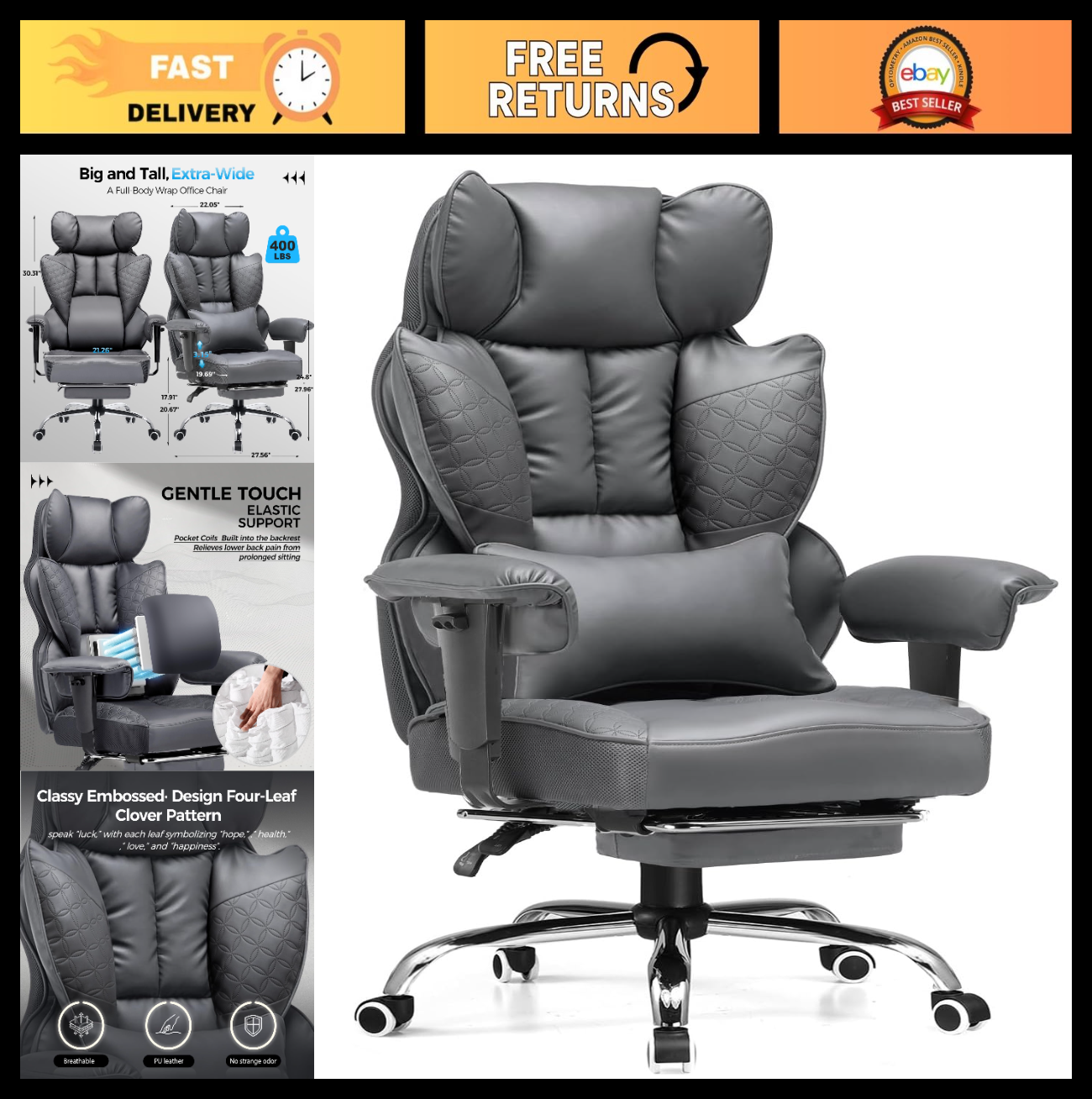 Big & Tall Gaming Chair 400lbs Heavy Duty with Foot Rest, Ergonomic Lumbar Suppo0