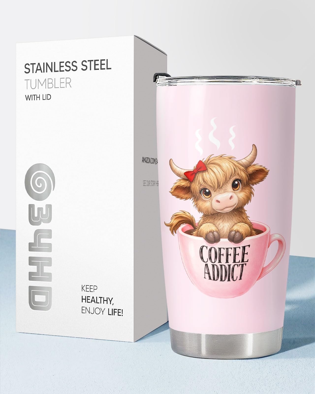 Cute Highland Cow Tumbler 20oz   Pink Insulated Travel Mug, Kawaii Farm Animal G7