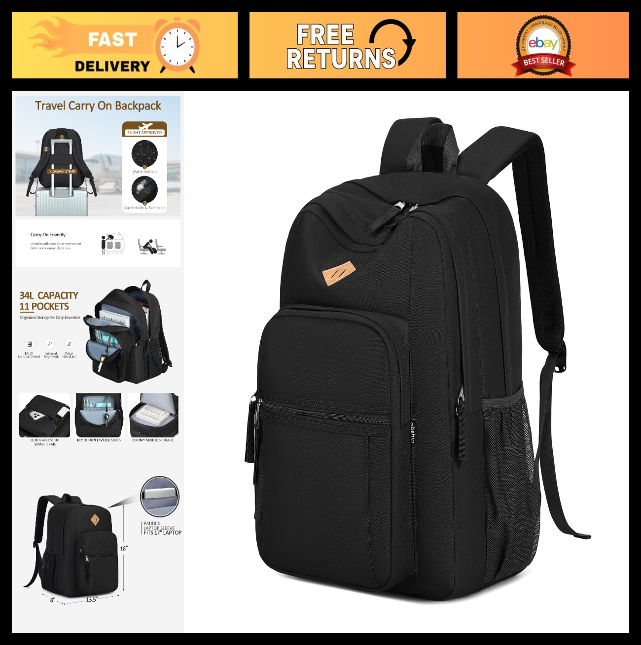 Water Resistant Large Travel Backpack for College, School & Work   Unisex Bookba0