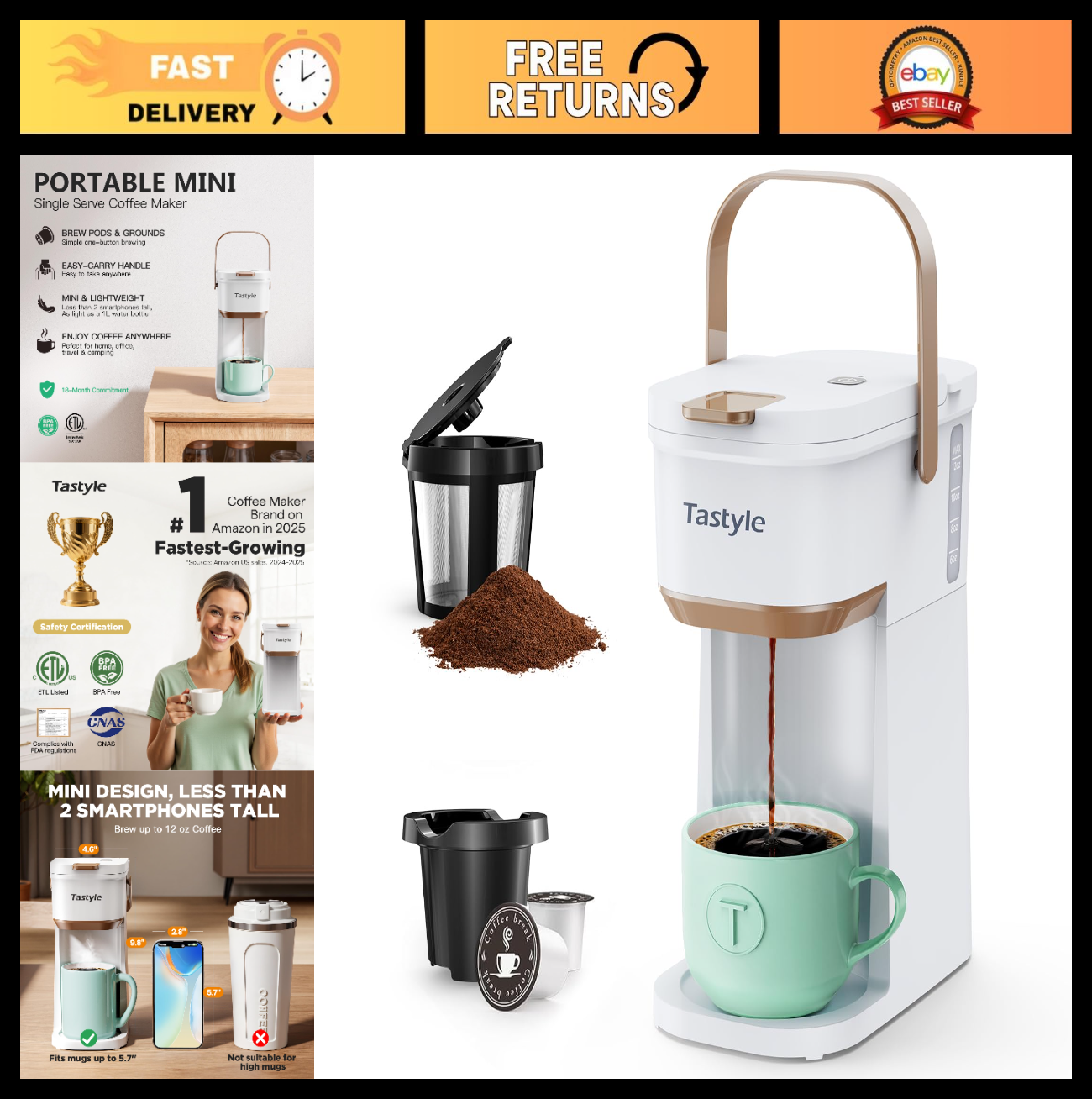 Compact Single Serve Coffee Maker for K-Cups & Grounds, Portable Mini Brewer, 6-0
