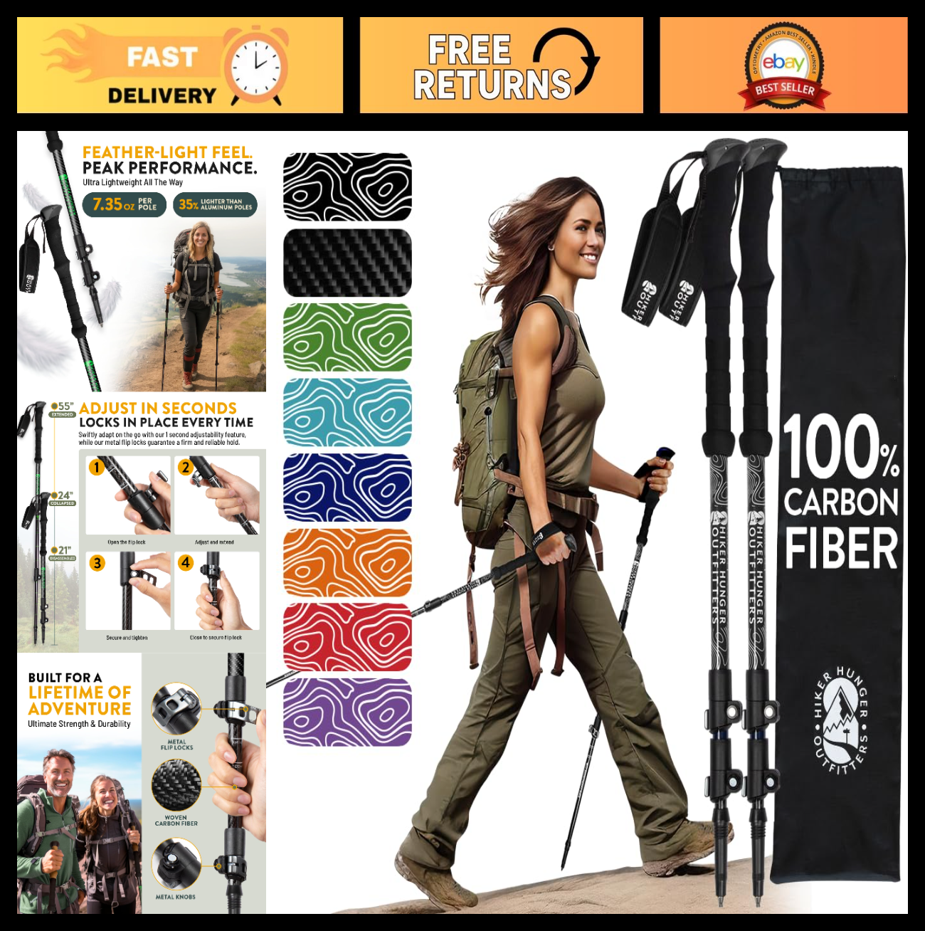 Lightweight Carbon Fiber Trekking Poles - Adjustable Collapsible Hiking Sticks w0