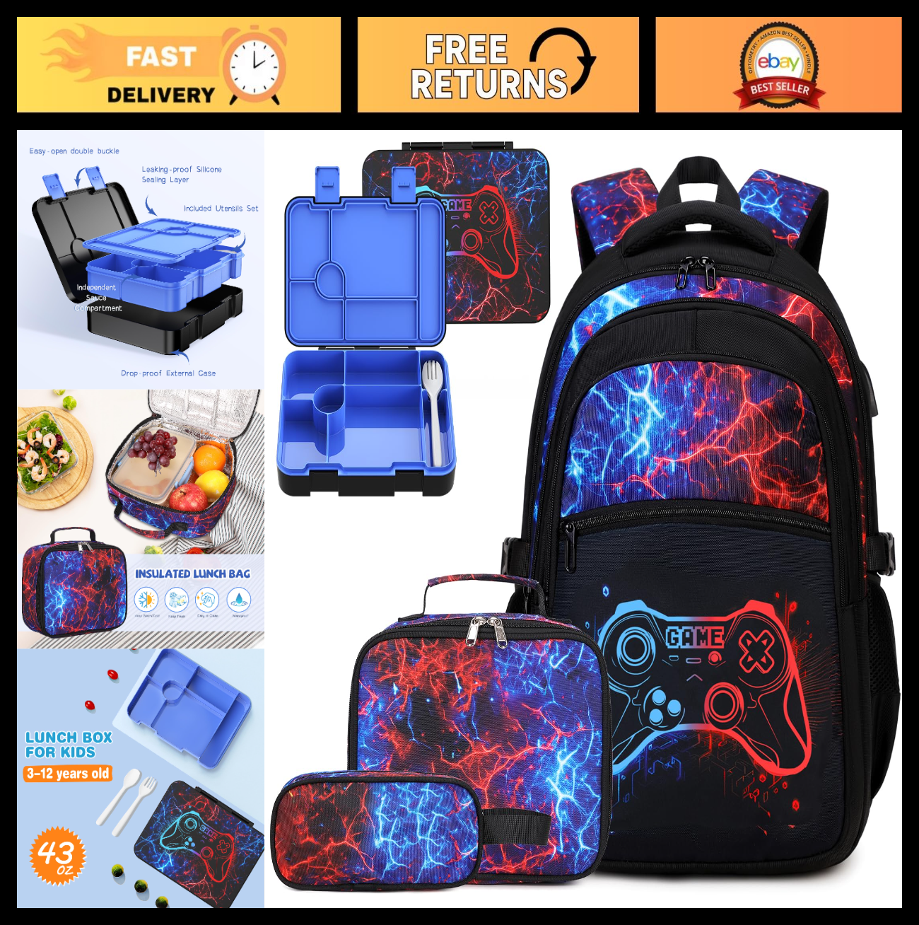 Cool Luminous Gamer Backpack Set for Boys   6PCS with Lunch Bag & Pencil Case, S0
