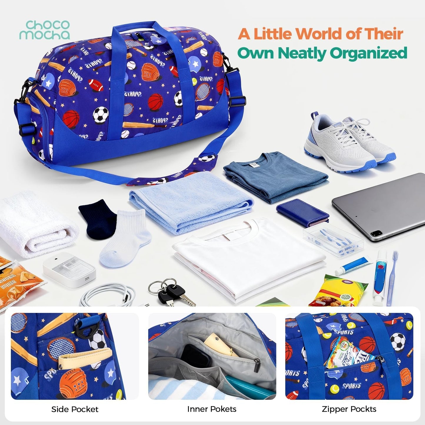 Kids Duffle Bag - Blue Overnight Travel Bag with Shoes Compartment, Large Gym We3