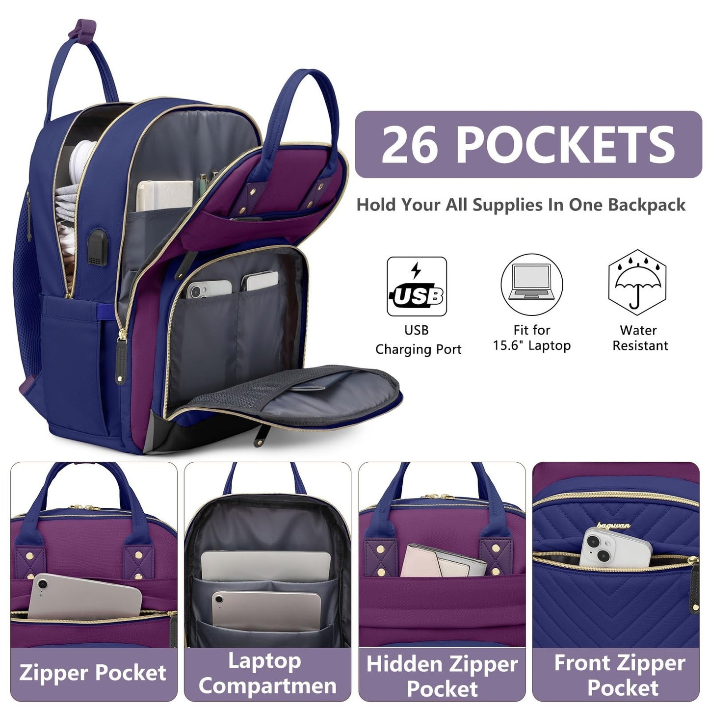 Stylish 15.6" Laptop Backpack for Women   Waterproof Travel Bag with USB Charger2