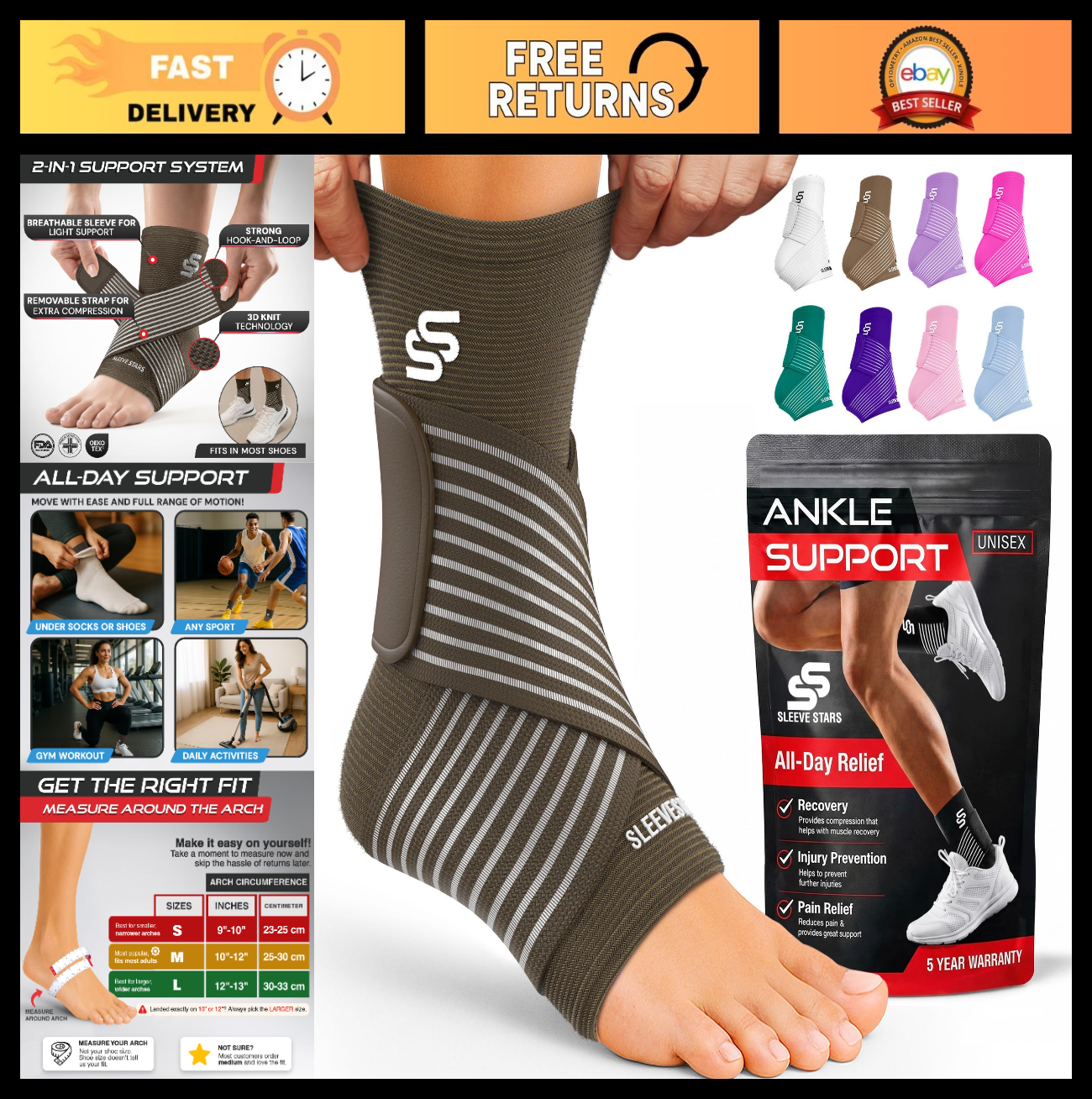 Ankle Brace Compression Sleeve for Sprains & Plantar Fasciitis Relief, Adjustabl0