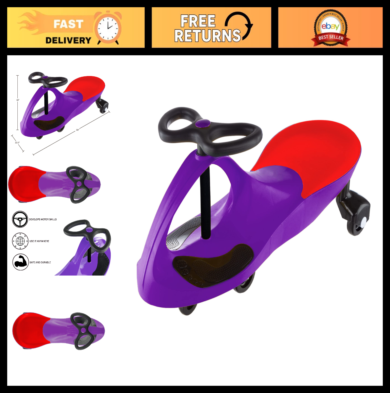 Wiggle Car Ride-On Toy for Kids 3+, Fun Purple Vehicle for Active Play0