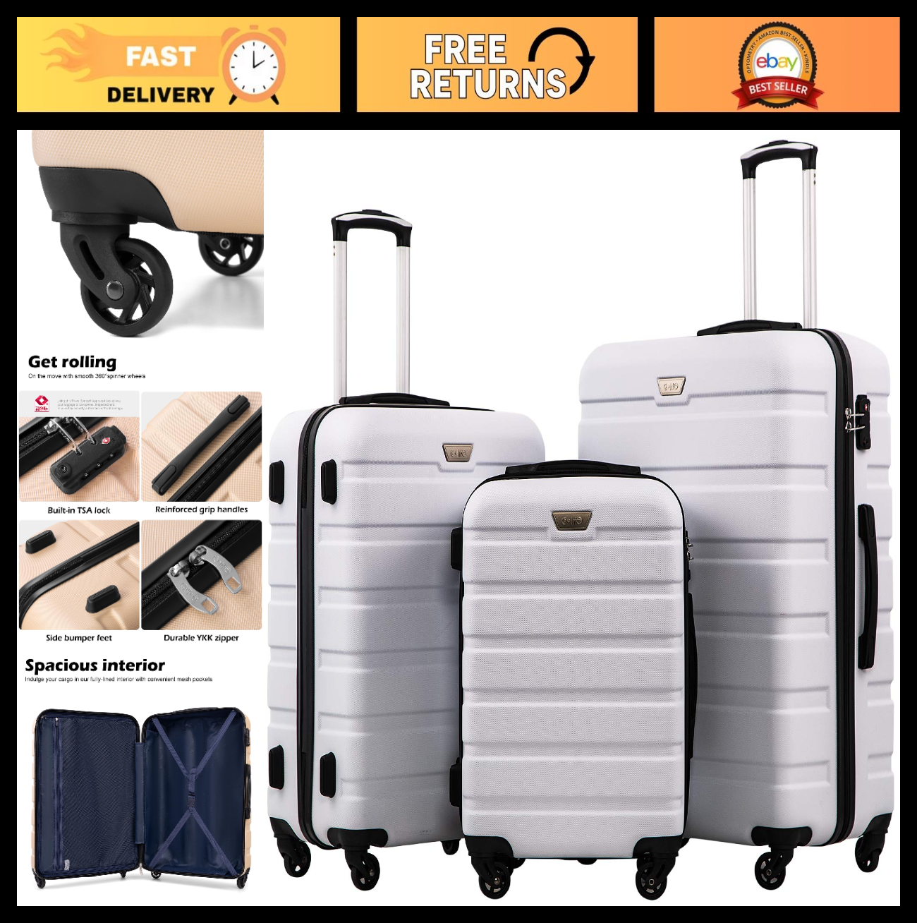 Lightweight Durable Hardshell Luggage Set - 3 Piece Suitcase with 360° Spinner W0