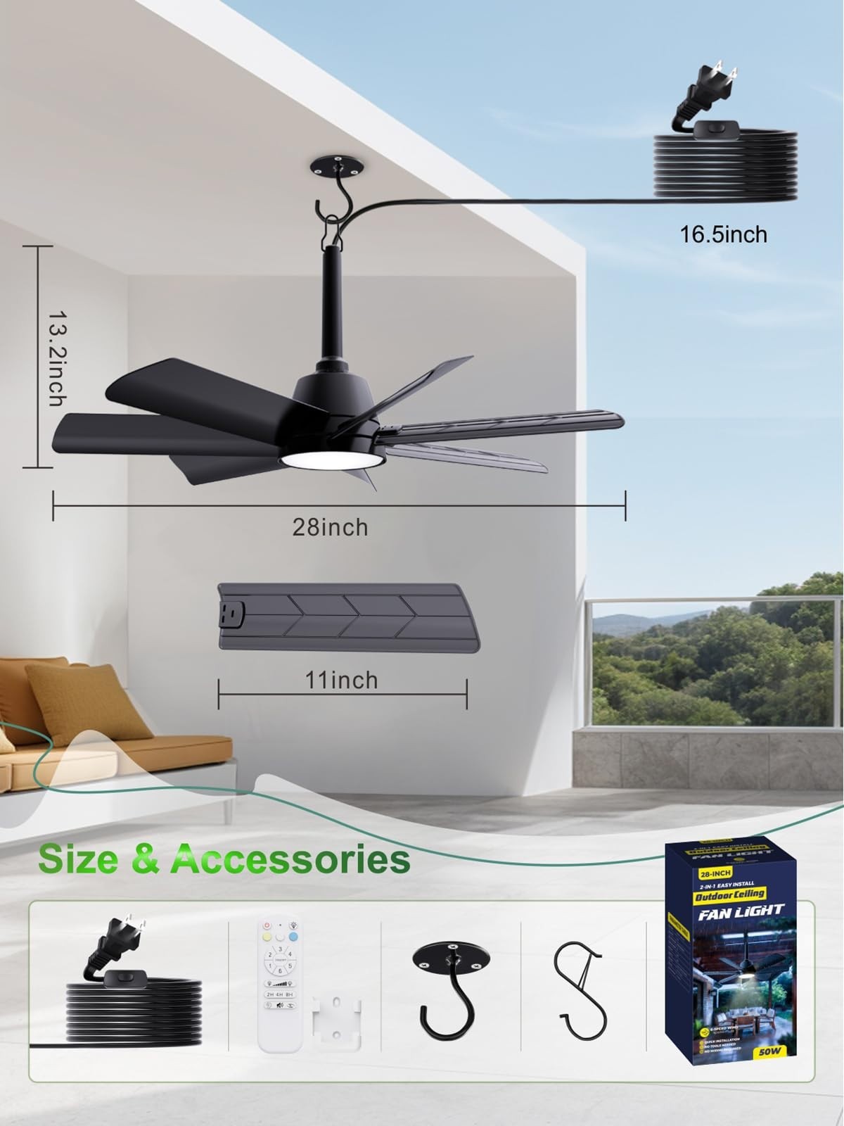 28" Outdoor Ceiling Fan with Light & Remote   Waterproof, 6 Speed, Dimmable, Por6