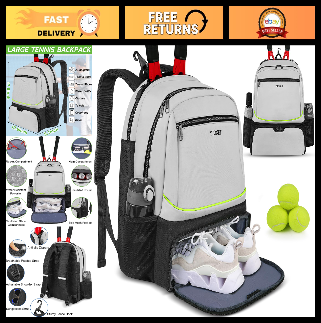 Insulated Tennis Backpack for 2 Rackets, Ventilated Shoe Compartment, Unisex0